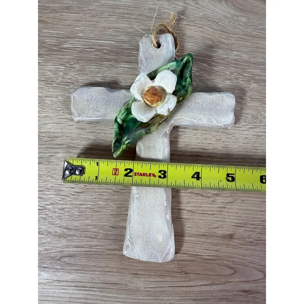 Ceramic Wall Cross, White Flower & Green Leaf, Ballyhoo Hanging Wall Art